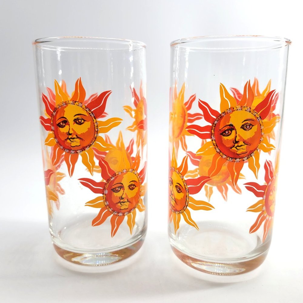 Vtg Libbey Celestial Orange Sun Sunshine Face Highball Tall Tumbler Glasses 5¾" - Picture 4 of 8